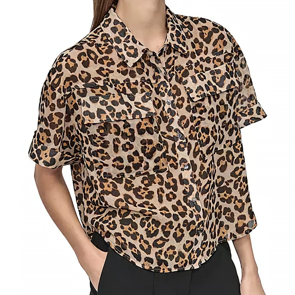 DKNY Petite Printed Short‎ Sleeve Button Front Animal Print Shirt Womens Size 1X